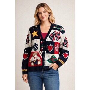 Vintage The Eagle’s Eye Patchwork Christmas Cardigan Sweater L Hand Knit 90s